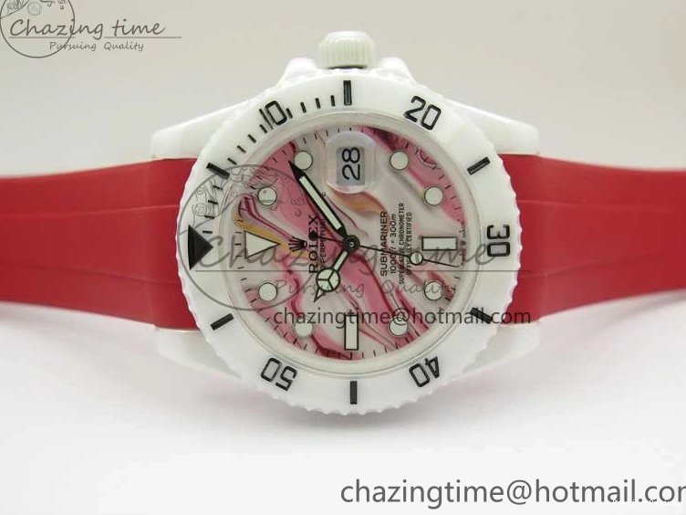 0123 WrinkleFree Submariner 40mm White Ceramic 5GF Best Edition White Red Dial on Red Rubber Strap SA 2485